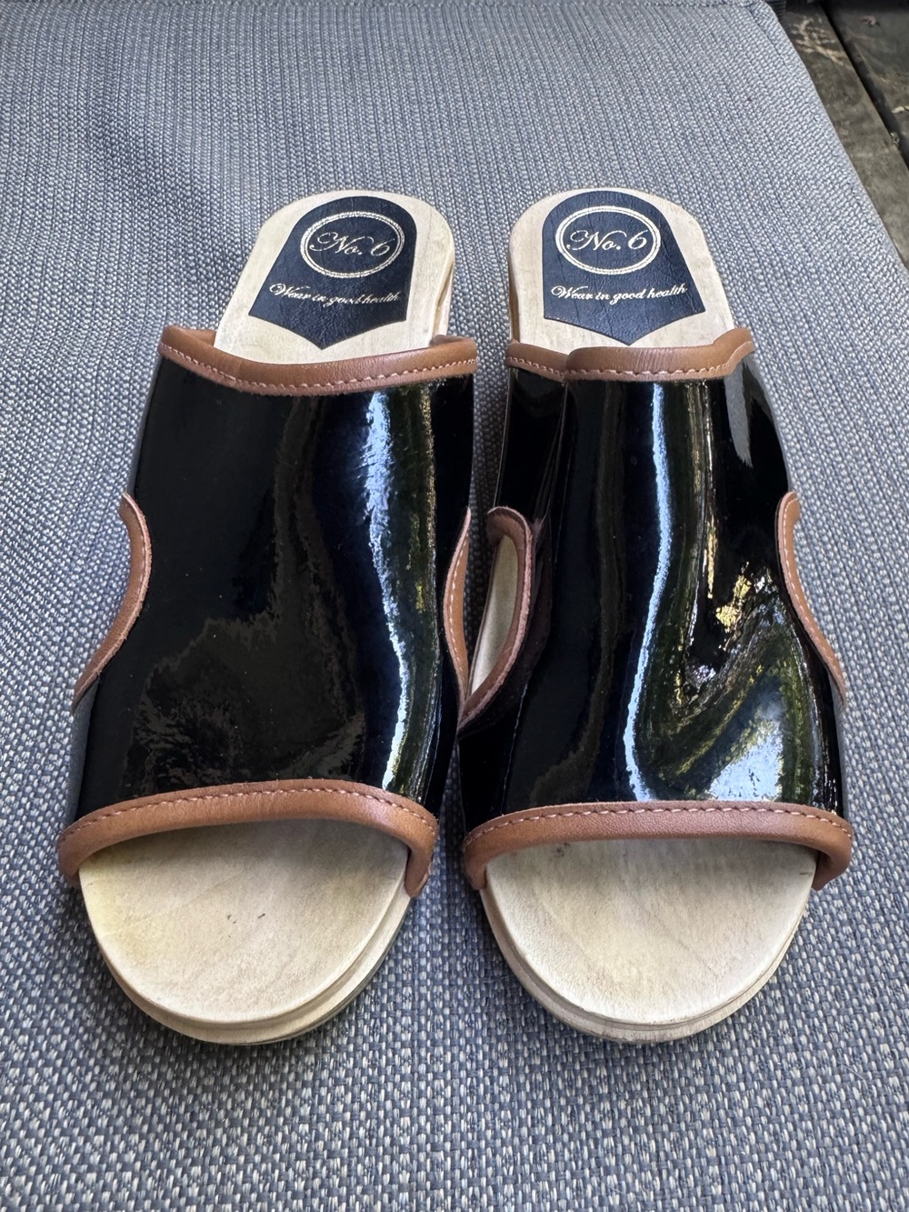 No. 6 Black Patent Slide Mules with Brown Trim